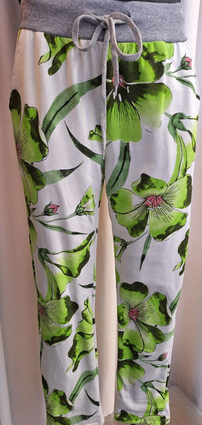 Italian Stretch Pants - White with Green Flowers