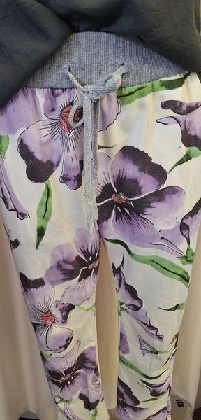Italian Stretch Pants - White with Purple Flowers