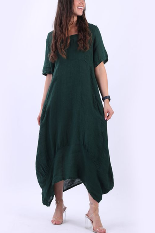 Linen Square Neck & Sleeves Dress - Bottle Green