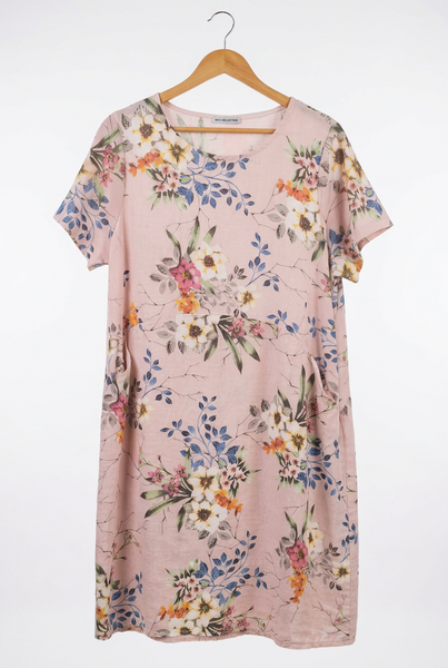 Linen Dress with Ribbed Sides Sleeves - Twiggy Pale Pink