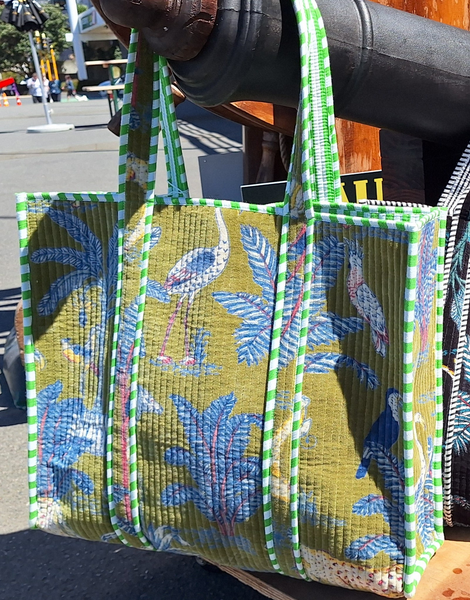 Cotton Velvet Tote Bag Green Jungle