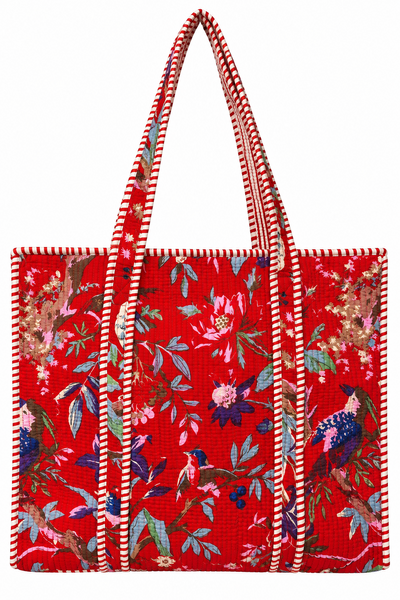 Cotton Kantha Tote Bag - Tree of Life Red