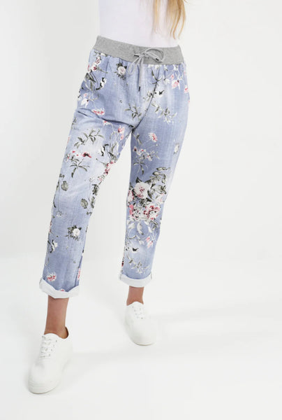 Italian Stretch Pants - Light Denim, Stalks & Pink Flowers