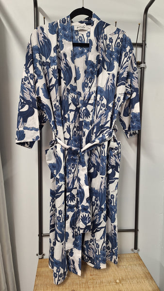 Blue and White bird Cotton Robe
