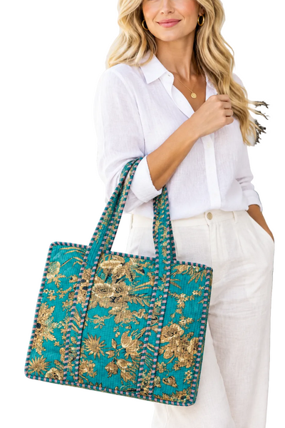 Cotton Kantha Tote Bag -  Turquoise Floral