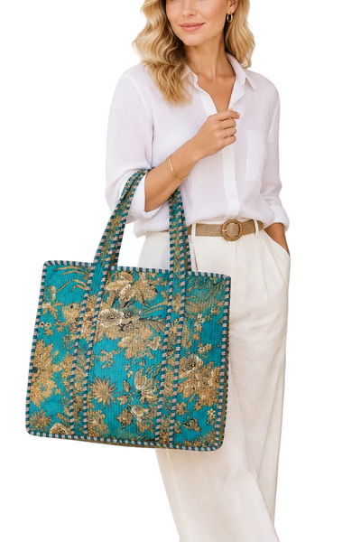 Cotton Kantha Tote Bag -  Turquoise Floral