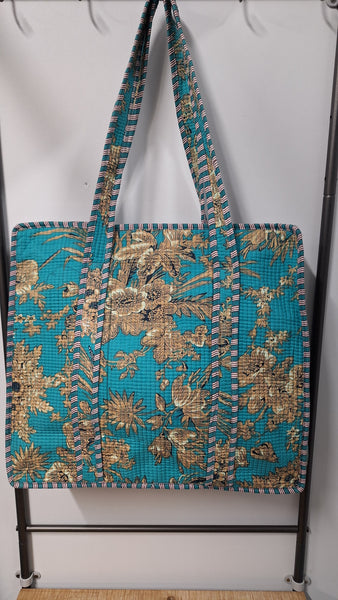 Cotton Kantha Tote Bag -  Turquoise Floral