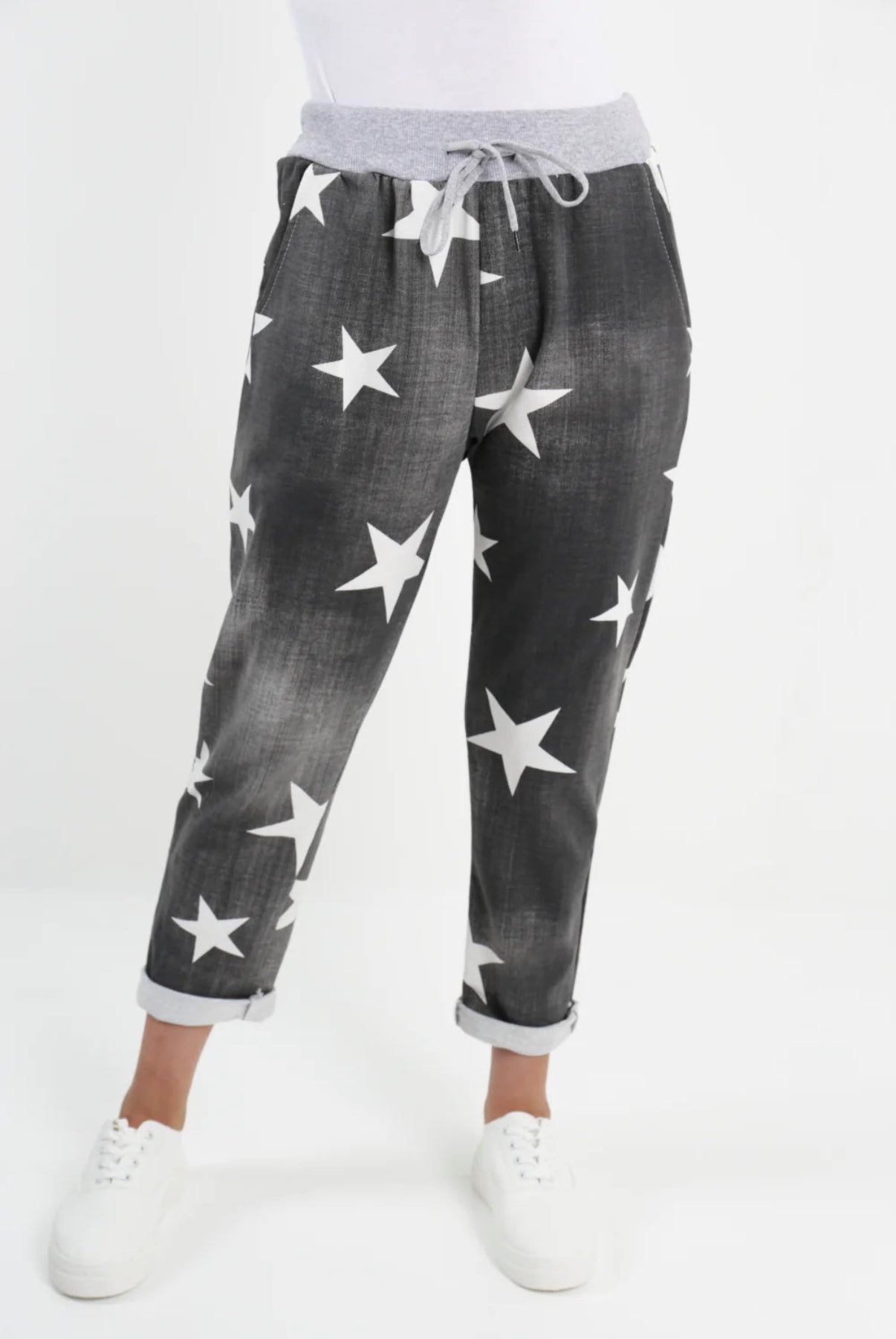 Italian Stretch Pants -  Star Print Charcoal