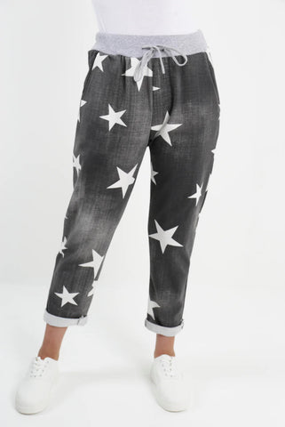 Italian Stretch Pants -  Star Print Charcoal