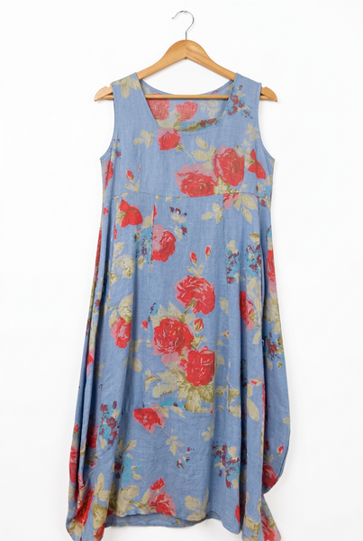 Italian Linen Floral Sundress - Blue