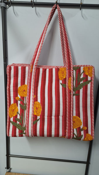 Cotton Quilted Tote Bag Stripe-Yellow Flowers