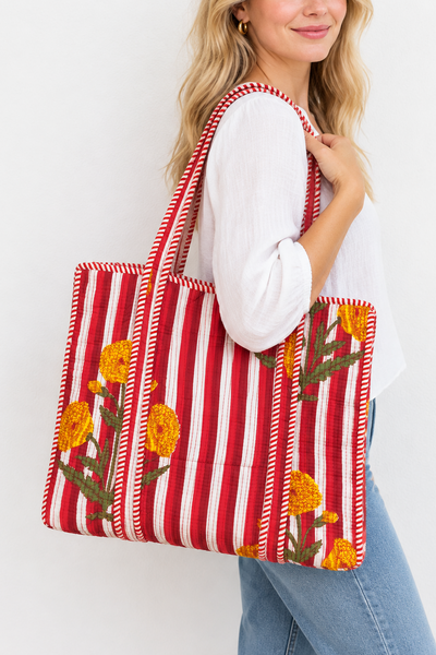 Cotton Quilted Tote Bag Stripe-Yellow Flowers