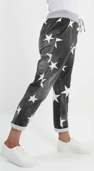 Italian Stretch Pants -  Star Print Charcoal
