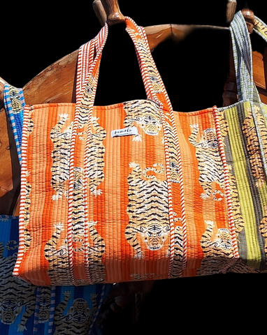 Cotton Quilted Tote Bag Tigers Orange and Peach