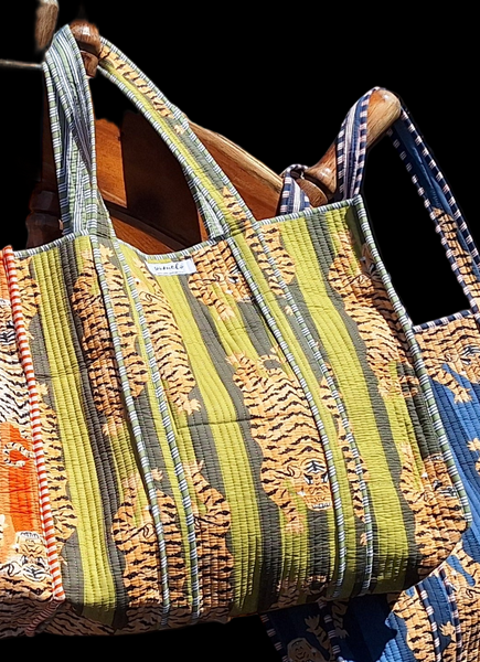 Cotton Quilted Tote Bag Tiger Green and Olive