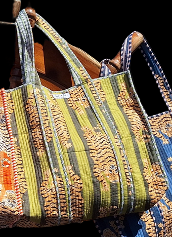 Cotton Quilted Tote Bag Tiger Green and Olive