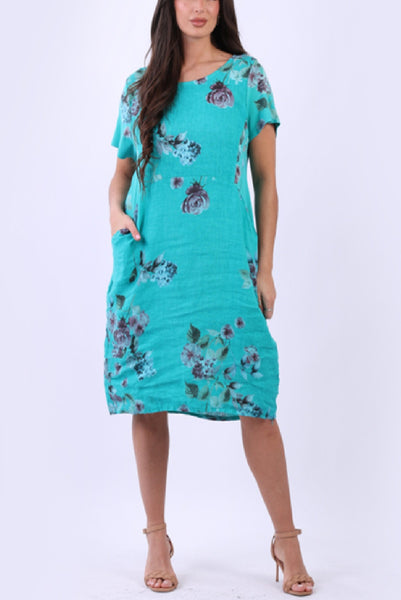 Linen Short Dress with Ribbed Sides Hydrangea - Aqua