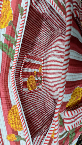 Cotton Quilted Tote Bag Stripe-Yellow Flowers