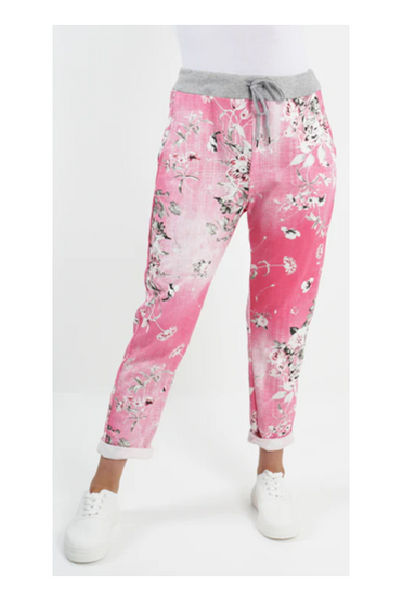 Italian Stretch Pants - Pink , Stalks & Pink Flowers