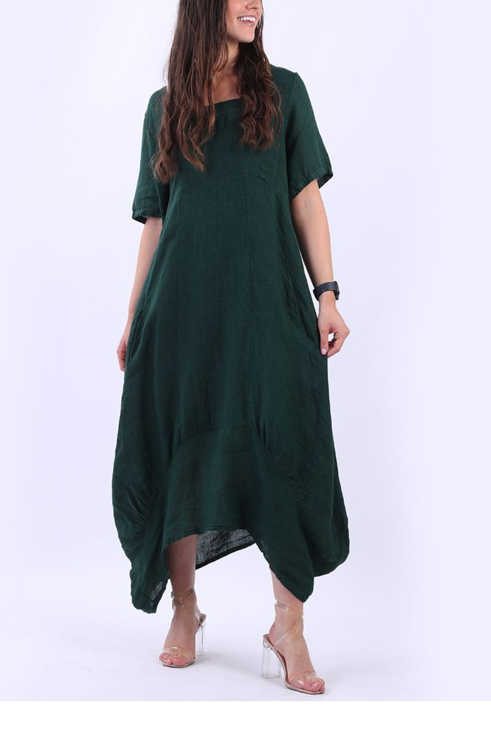 Linen Square Neck Dress - Green