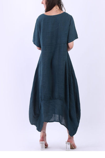 Linen Square Neck Dress - Teal