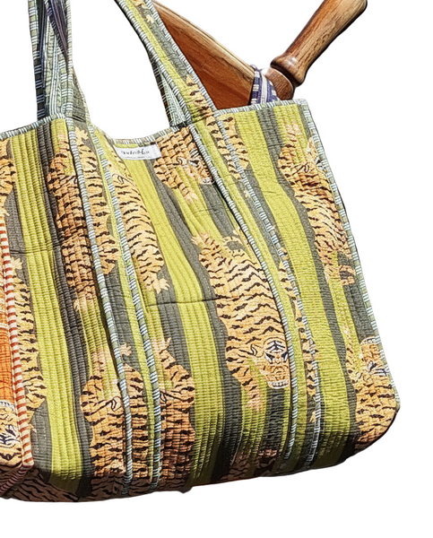 Cotton Quilted Tote Bag Tiger Green and Olive