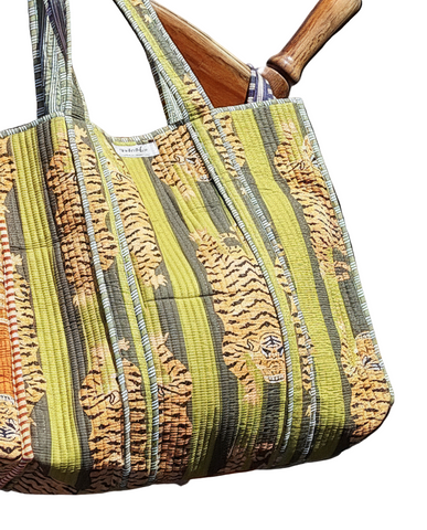 Cotton Quilted Tote Bag Tiger Green and Olive