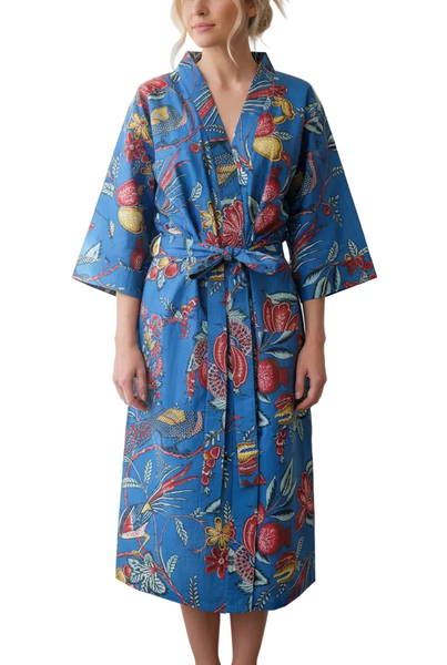 Cotton Robe - Royal Blue Birds and Flowers