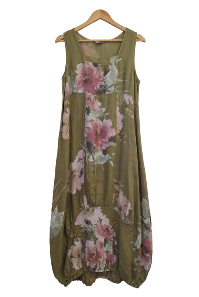 Italian Linen Floral Sundress - Khaki