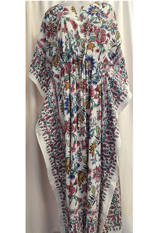 Anokhi Tie Kaftan - White with Blue Pink and Yellow