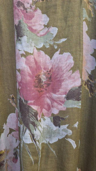 Italian Linen Floral Sundress - Khaki