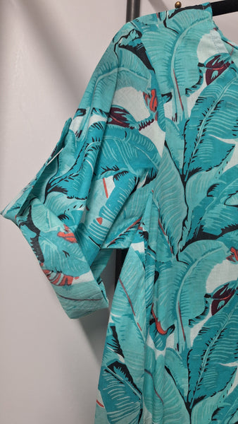 Banana Palm Curve Hem Dress - Aqua Blu