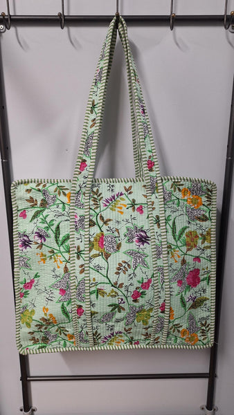 Cotton Kantha Tote Bag -  Mint Floral