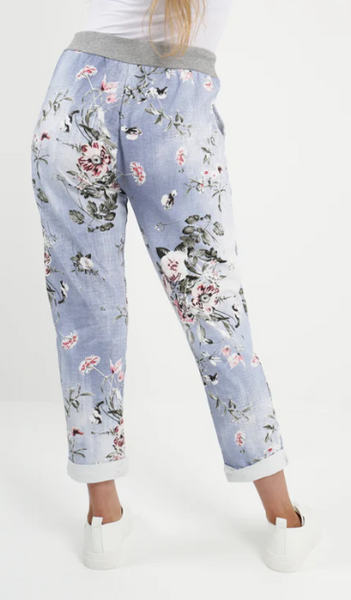 Italian Stretch Pants - Light Denim, Stalks & Pink Flowers