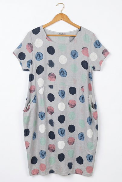 Linen Dress with Ribbed Sides Sleeves - Spots Light Grey