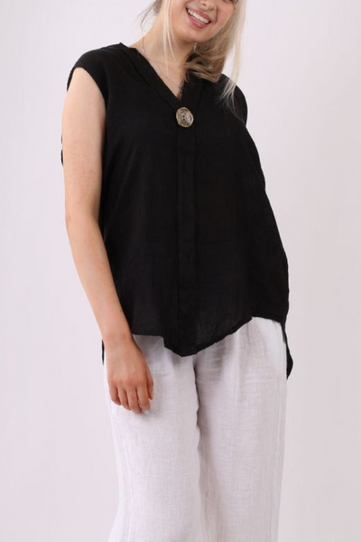 Linen Sleeveless Long Top - Black