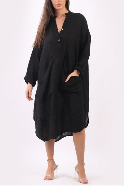 Linen Curved Hem Dress - Black
