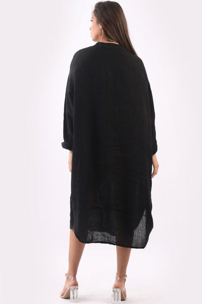 Linen Curved Hem Dress - Black