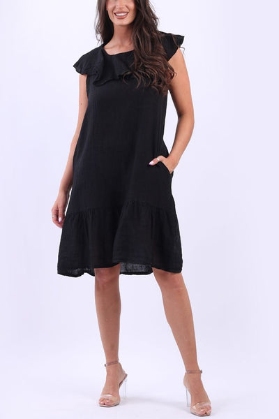 Collared Linen Dress - Black