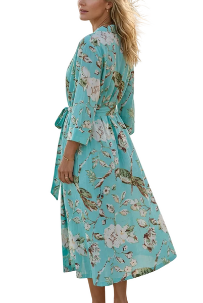 Cotton Robe - Soft Aqua Bird