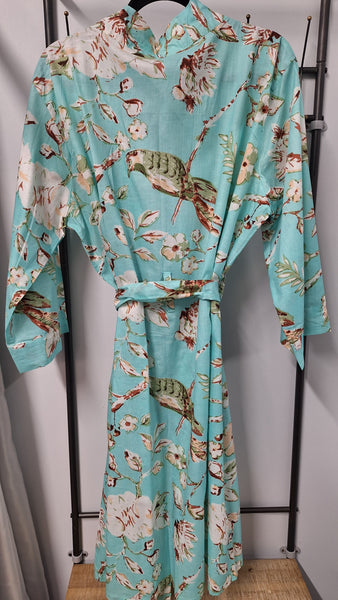 Cotton Robe - Soft Aqua Bird