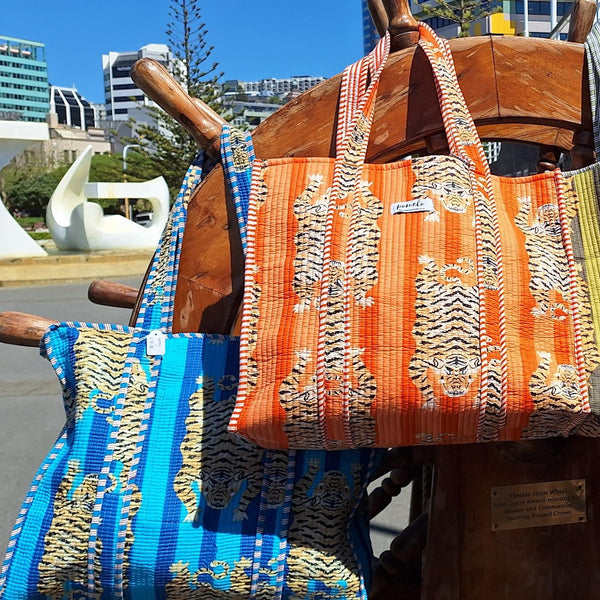 Cotton Quilted Tote Bag Tigers Orange and Peach