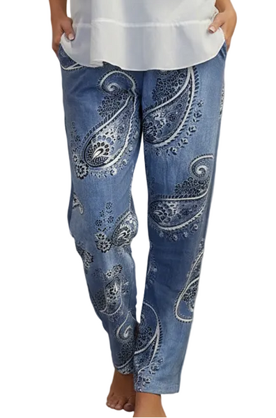 Italian Stretch Pants - Paisley, Light Denim