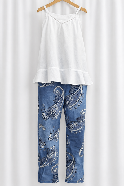 White top and blue paisley pants on a mannequin against a white background