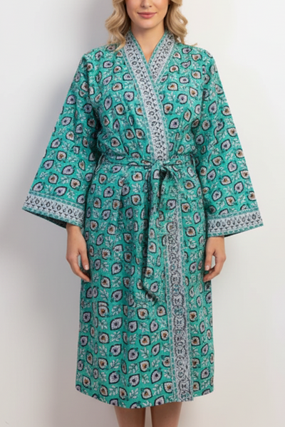 Anokhi Midi Kimono Robe – Turquoise