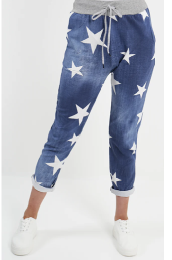 Italian Stretch Pants -  Star Print Blue