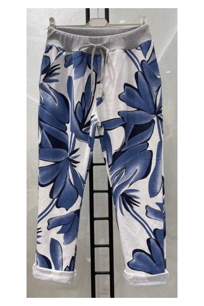 Italian Stretch Pants -  White with Blue Flowers