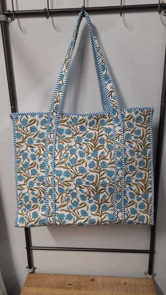 Cotton Kantha Tote Bag -  Blue Floral