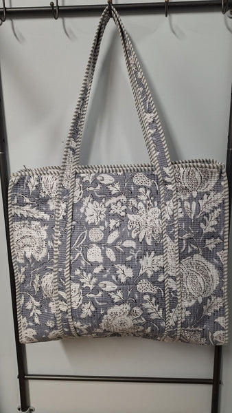 Cotton Kantha Tote Bag -  Grey Floral