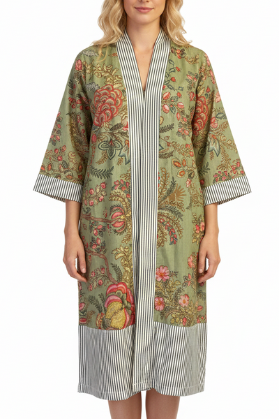 Exotic Flower Cotton Robe -  Green